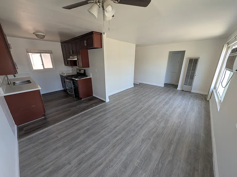Living room and kitchen with updated flooring.