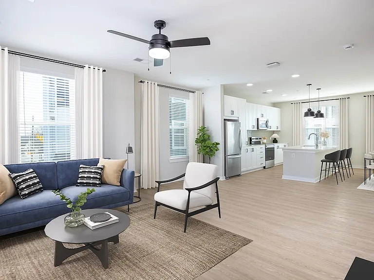 Townhome kitchen, living, and dining area