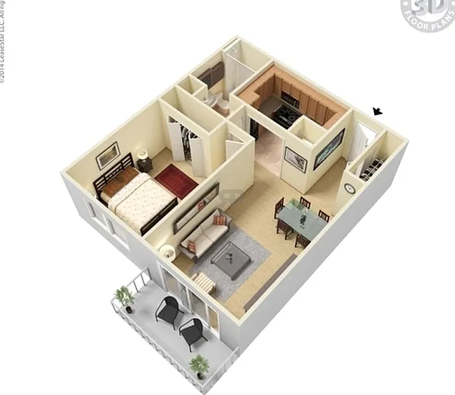 Elegant 3D floor plan showcasing a cozy one-bedroom apartment with a modern open-concept living and dining area, a well-equipped kitchen, and a private balcony. Elegant 3D floor plan showcasing a cozy one-bedroom apartment with a modern open-concept livin