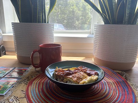 Breakfast with a view of the woods (no houses on the other side of the street).