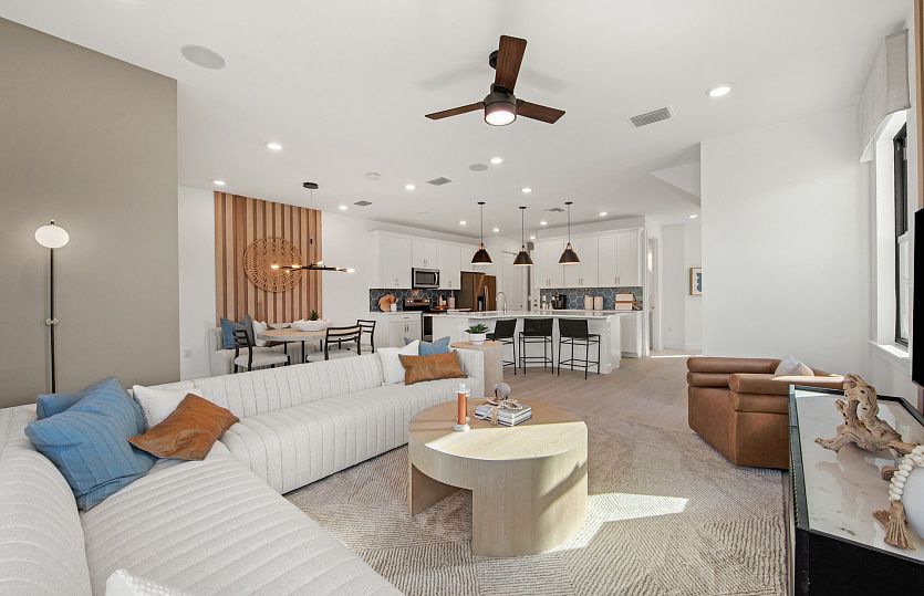 Spacious gathering room, flowing into the kitchen and cafe