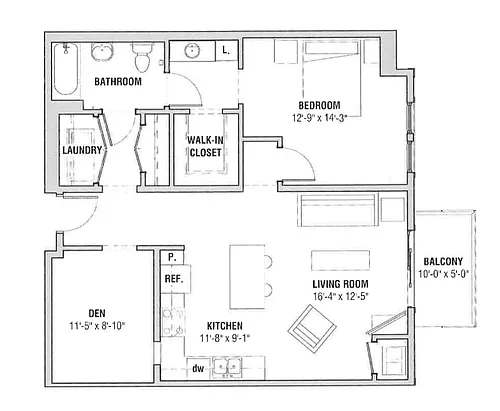 Floor plan 1x1Den ABCE