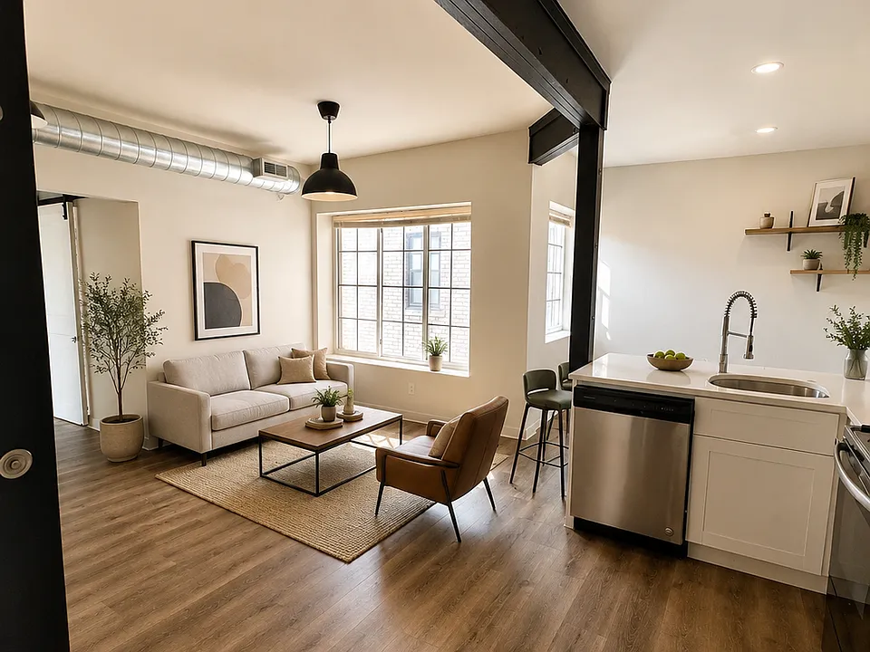 Industrial character meets modern convenience with support beams and open living space.