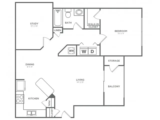 Floor plan One Bedroom, One Bath w/ Den (900 SF)
