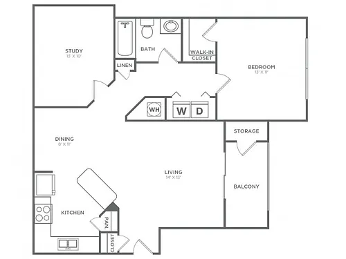 Floor plan One Bedroom, One Bath w/ Den (900 SF)