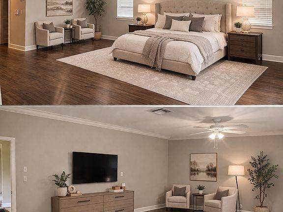 extra large master bedroom, dual large walk in closets, dual sink with spa tub and separate stand up shower en suite