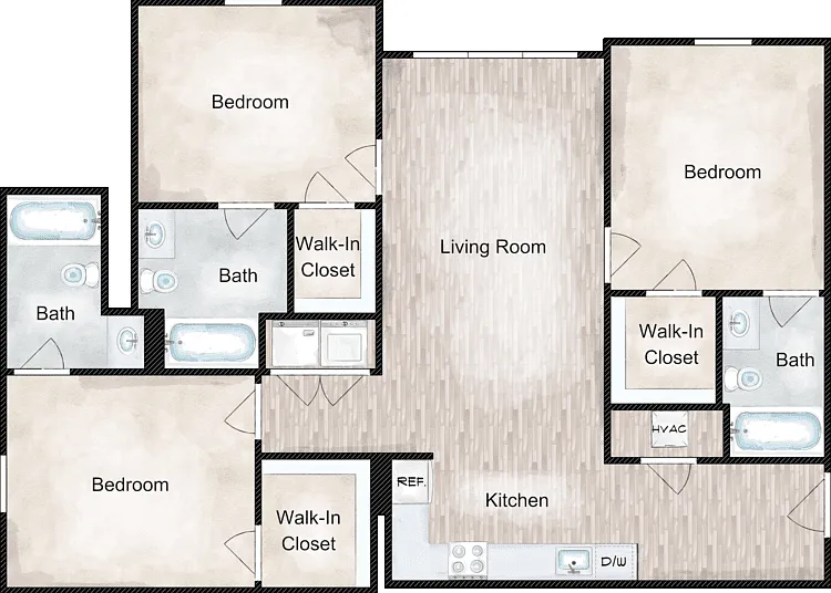 Three Bedroom 1200 Floorplan Diagram