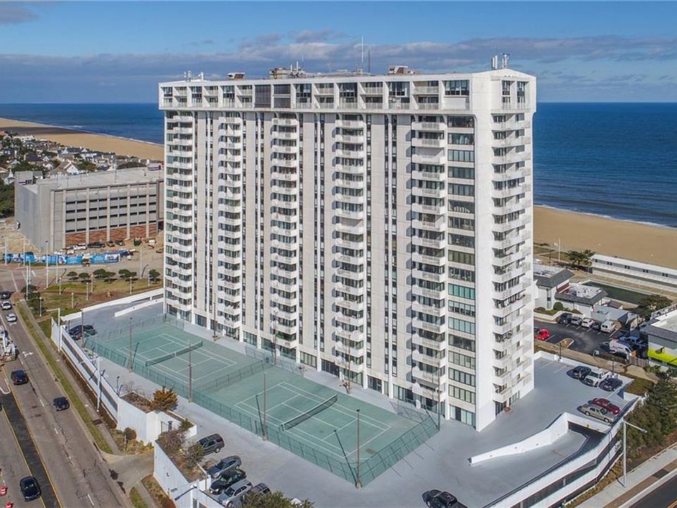 The Oceans Tower from the west, showing tennis courts and ocean.
