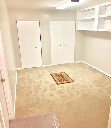 large living room with book shelter and closet