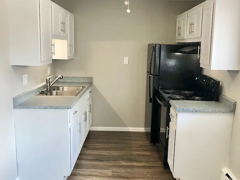 Charming kitchen with modern black appliances, sleek white cabinetry, and elegant wood flooring, perfect for culinary enthusiasts.