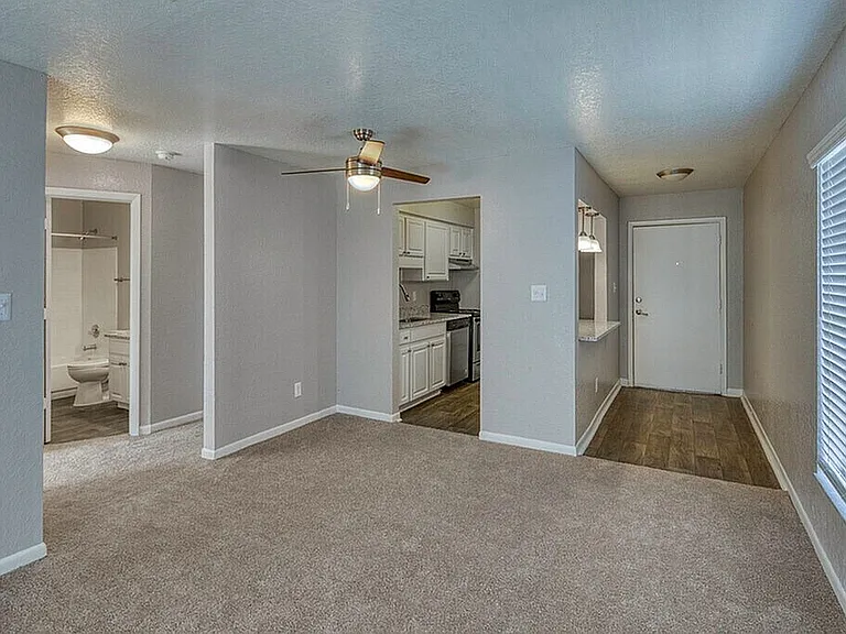 Inviting apartment interior featuring a cozy living area with plush carpeting, a modern kitchen with sleek appliances, and an elegant bathroom, perfect for comfortable living.