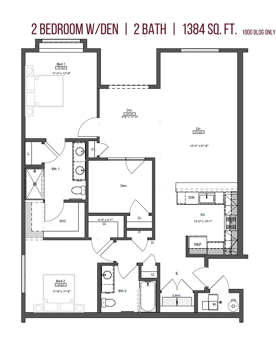 Floor plan 2 Bedrooms 2 Bathrooms Den