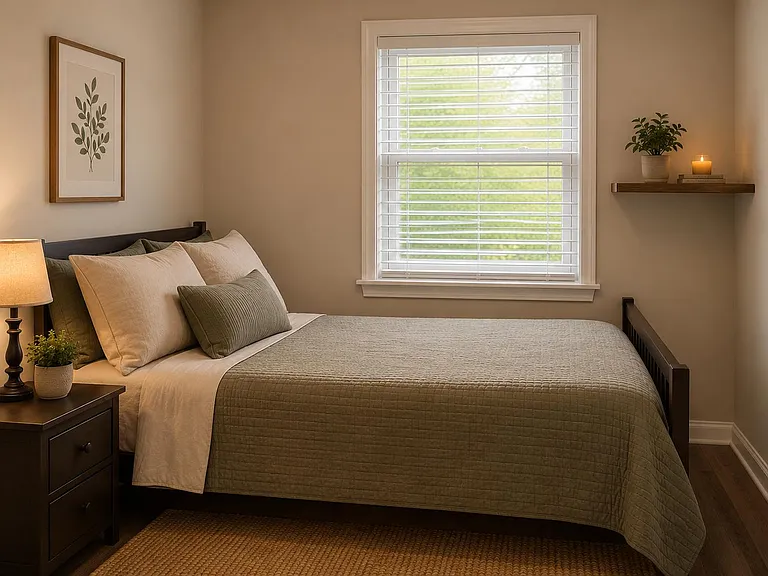 Furnished bedroom with a full-size bed, nightstand lighting, and a window with blinds overlooking greenery.