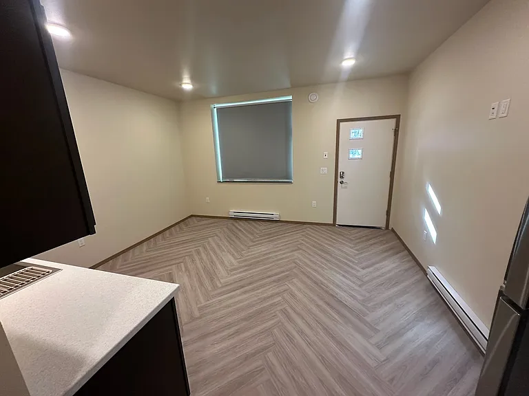 Living Room, showing blinds down on window