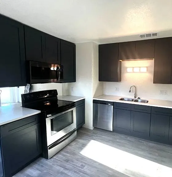 Updated kitchen with shaker cabinetry, solid-surface counters, stainless appliances, and a double sink with dishwasher.