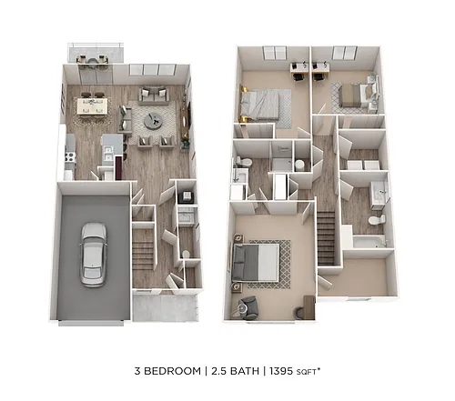 Floor plan Three Bedroom 2.5 Bath Townhome- 1,395-1,405 sqft