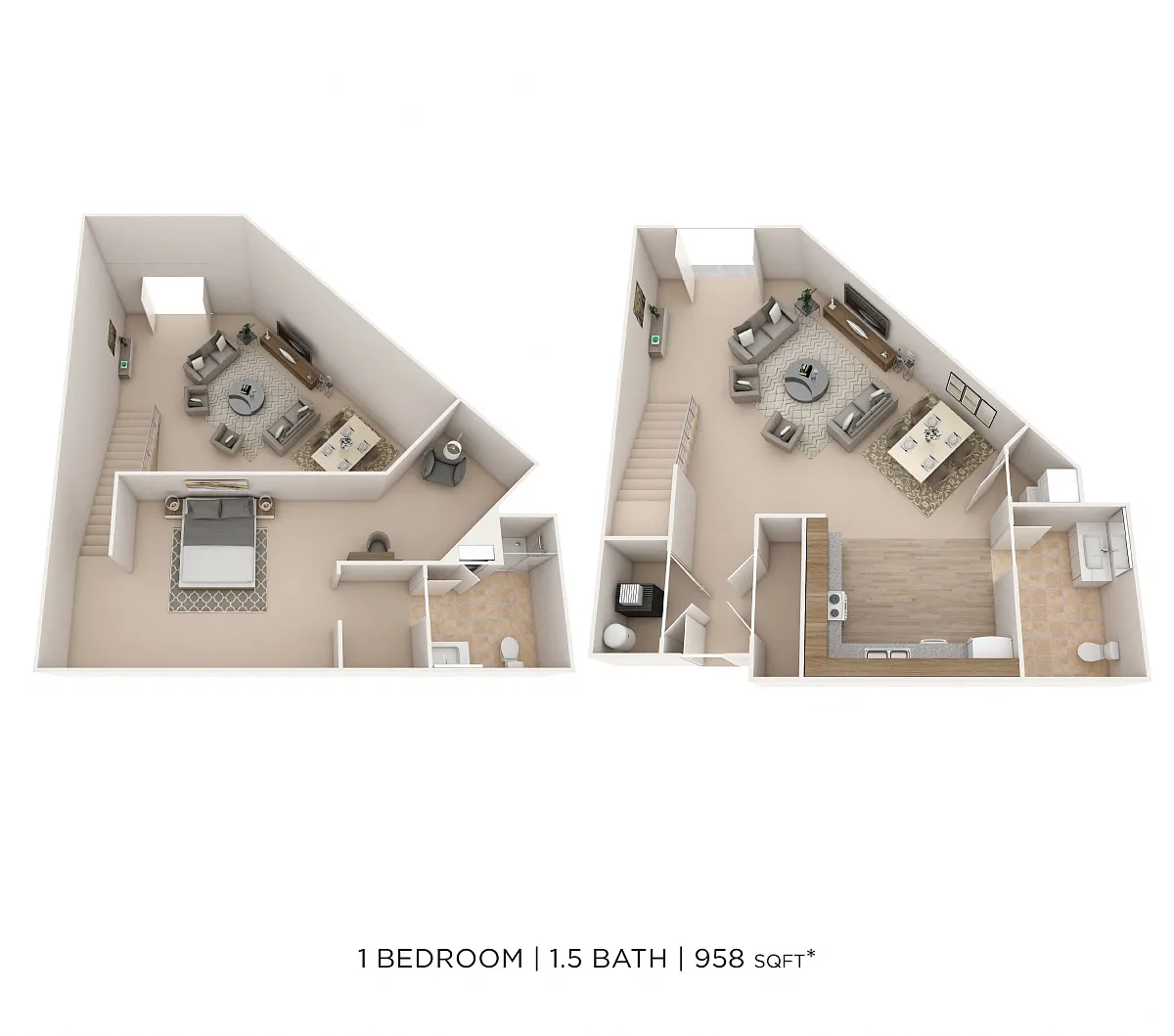 Floor plan One Bedroom 1.5 Bath- 958 sqft
