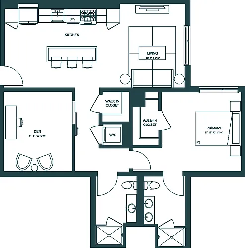 Floor plan 1 Bed/2 Bath Den-B8L