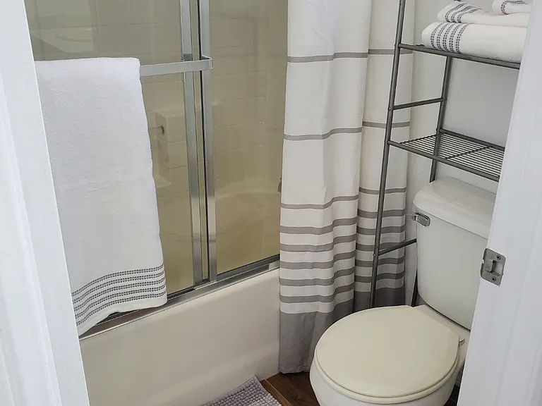 Full size tub and shower enclosure with toilet.