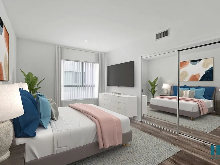 Bedroom with Mirrored Closet, Vinyl Flooring, and Large Windows