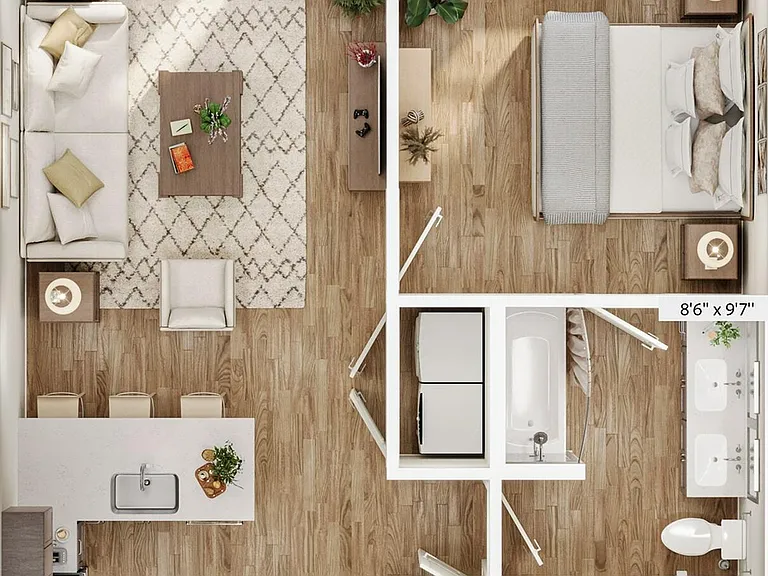 Explore the thoughtfully designed layout of this chic one-bedroom apartment, offering style and comfort. Explore the thoughtfully designed layout of this chic one-bedroom apartment, offering style and comfort.