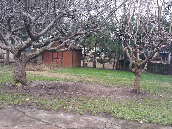 Patio looks into fenced back yard.
