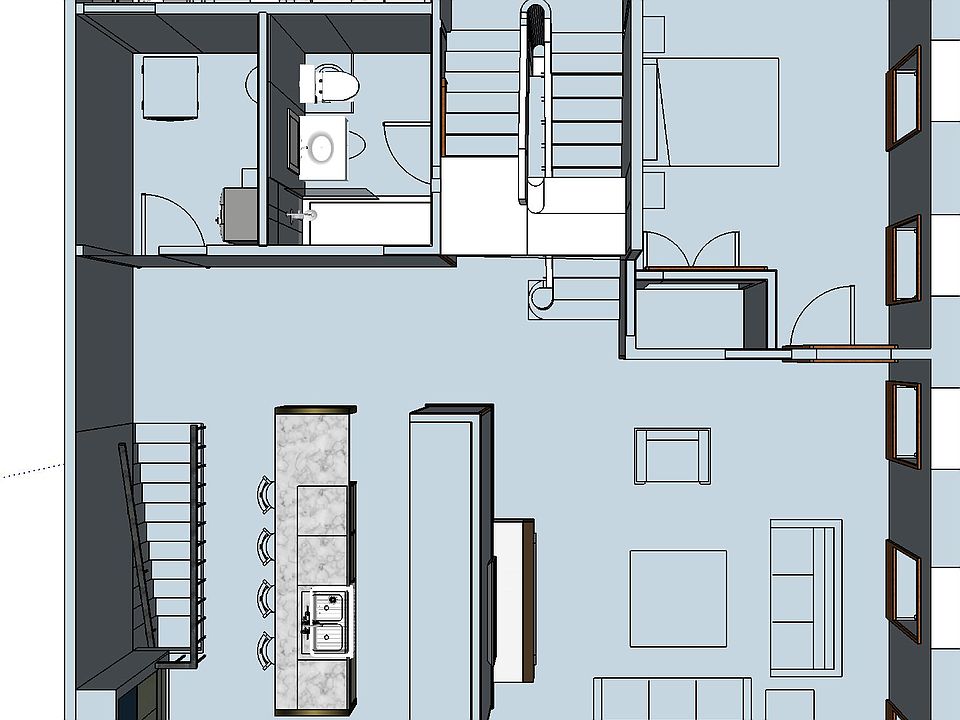 Main floor plan. Upstairs has 2nd bedroom, den/ study and 2 closets.