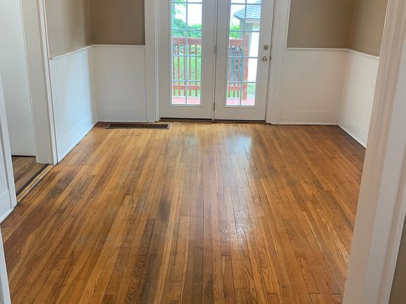 Dining room with deck out French doors.