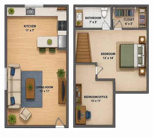 Floor plan 2 bed 1 bath Standard