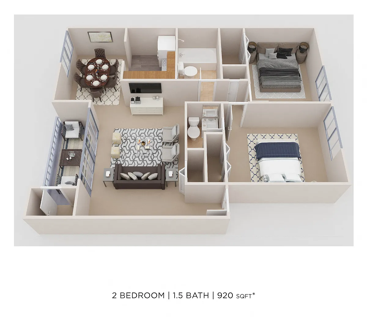 Floor plan Two Bedroom 2 Bath - 920 sqft