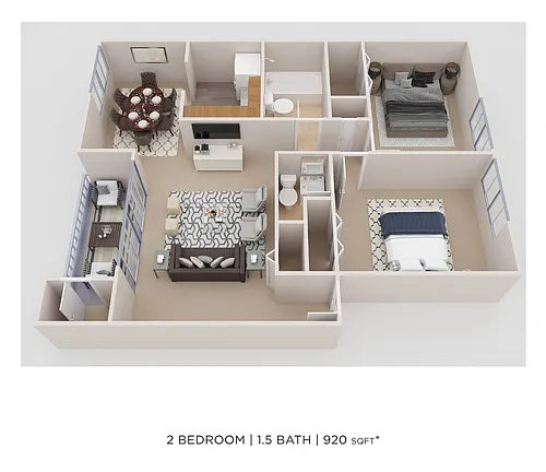 Floor plan Two Bedroom 2 Bath - 920 sqft