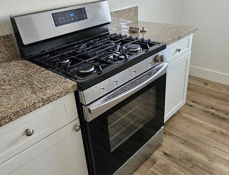 gas stove, lots of countertop space