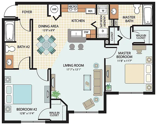 Floor plan 2 Bed, 2 Bath