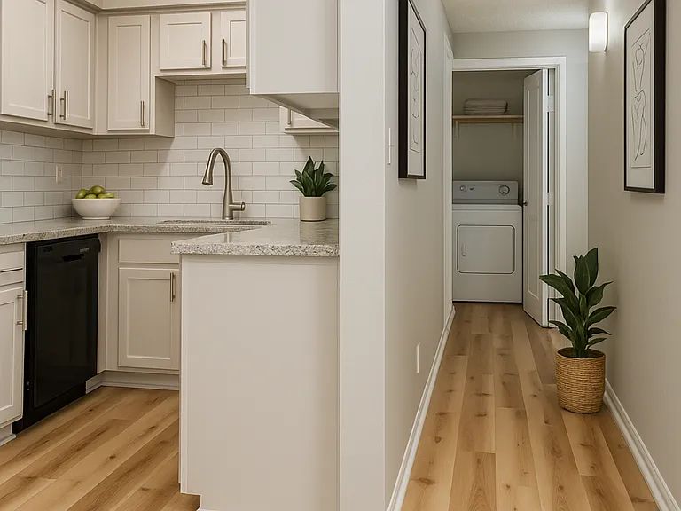 2BR/1BA Kitchen & Hallway Leading to Bedrooms (staged using A.i.)