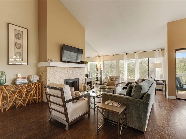 Open living room with high ceilings.