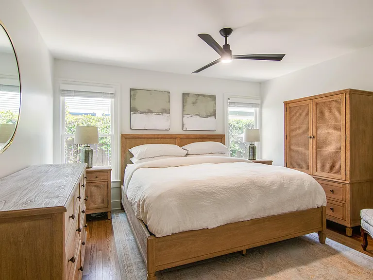 Guest Bedroom King bed. Irish linen duvet and plenty of storage space in dresser, armoire, and closet.