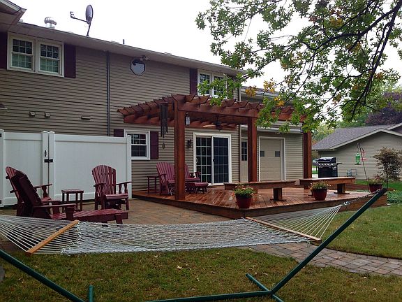 Deck with pergola and patio.