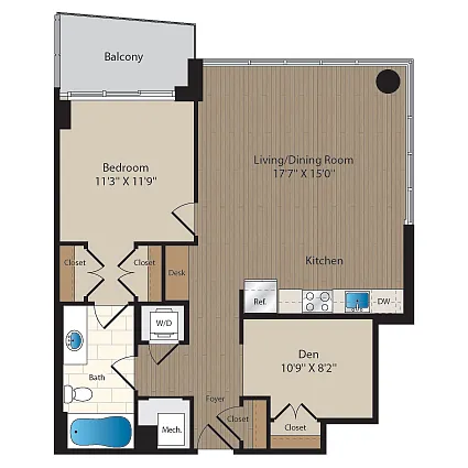 Floor plan 1 Bed-1 Bath Den-B1