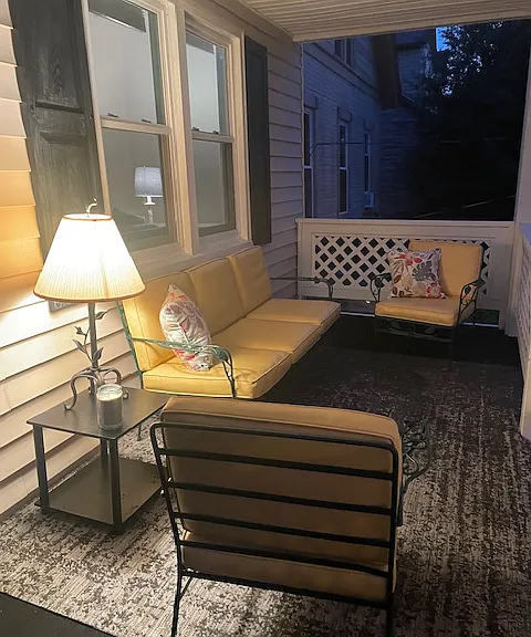 Nighttime picture of covered patio