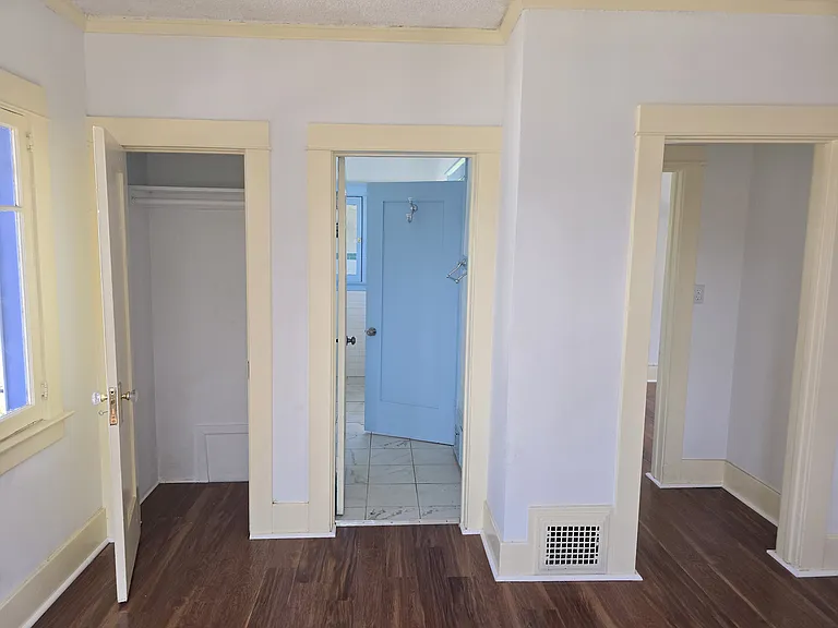 Closet on left, bathroom entrance in middle and hallway to bedroom on right