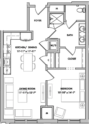 Floor plan Mansions 1 1 Bed/1 Bath-A3
