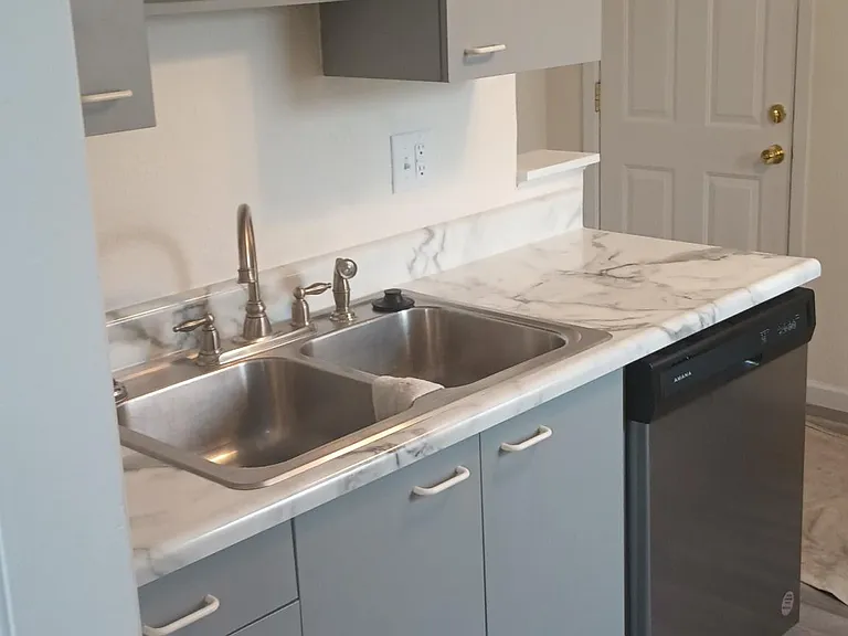 Kitchen sink area and side door entrance.