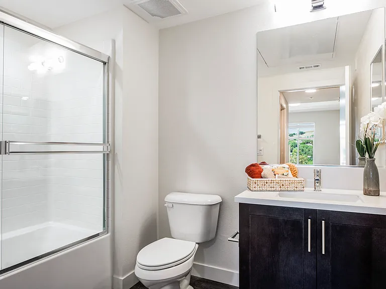 The Harrington bathroom vanity, toilet, and shower