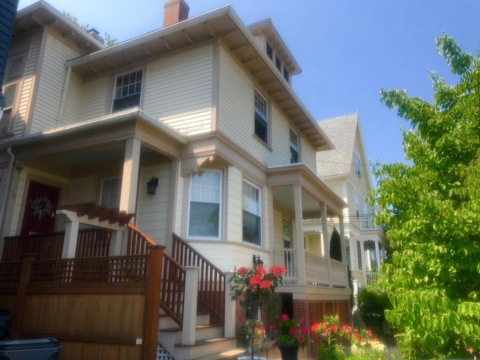 It's a two family house. The apartment for rent is on the first (high) floor with two porches.
