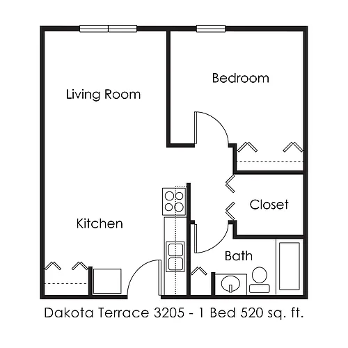 Floor plan 1 Bed 1 Bath | 520 sqft