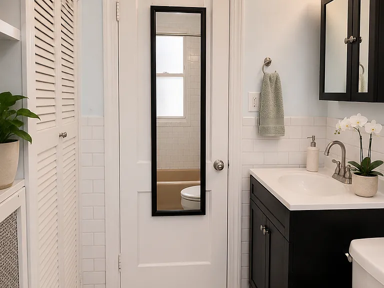 Bathroom with fan and built-in linen closet