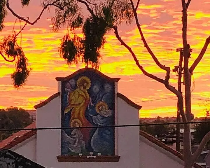 patio view, mosaic is lit at night too!