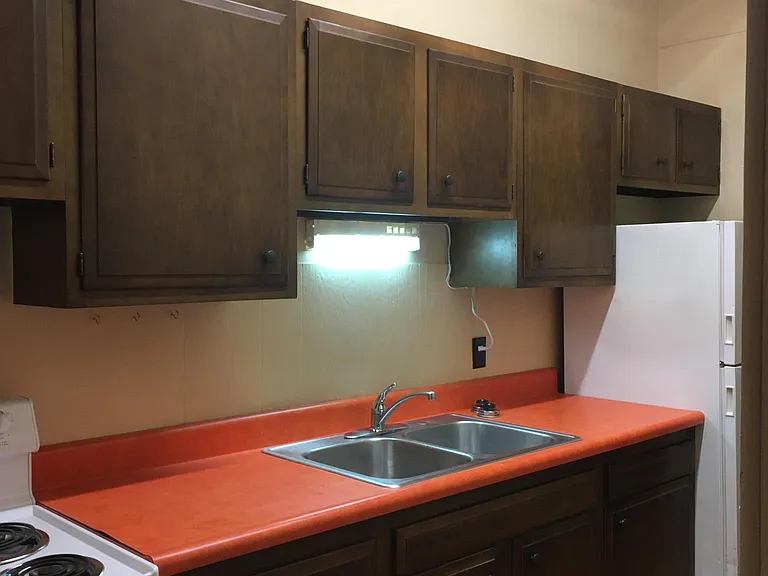 Nice Galley Kitchen featuring Stove and Refrigerator. Midcentury modern Flair decor