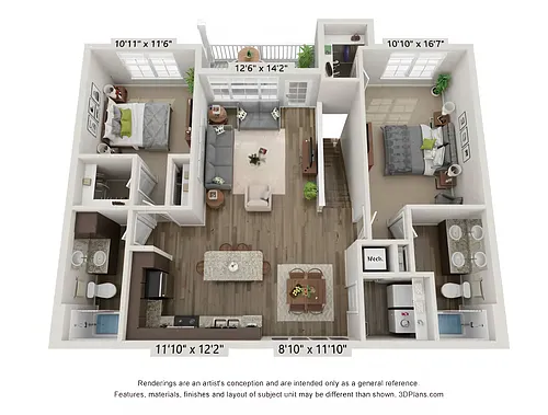 Floor plan 2 Bedroom, 2 Bathrooms D