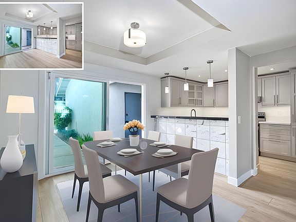 Spacious dining room with option for barstools at kitchen counter.